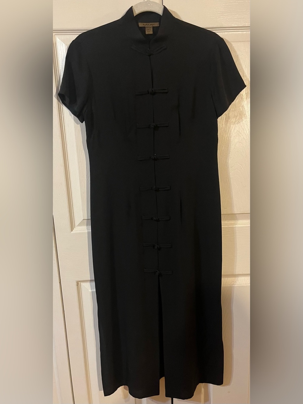 Harari Vintage Silk Cheongsam Maxi Dress Black Button Knots Mandarin Collar (S)